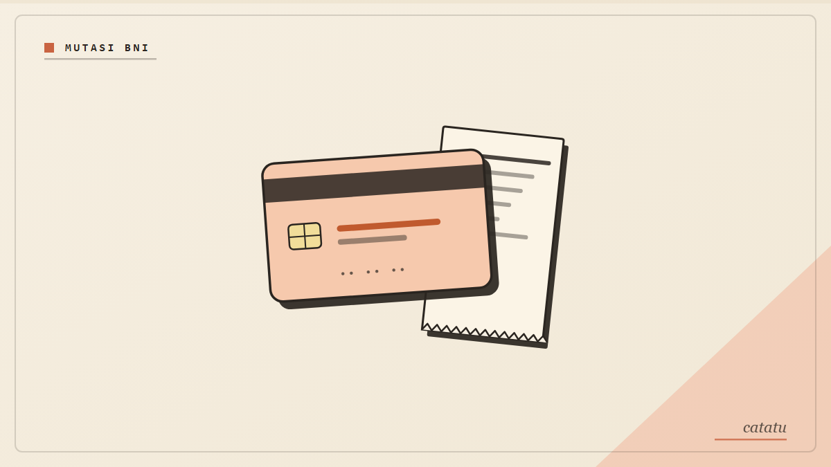 Ilustrasi kartu bank oranye peach dengan resi berperforasi, gaya arsip kertas krem, label mutasi BNI.