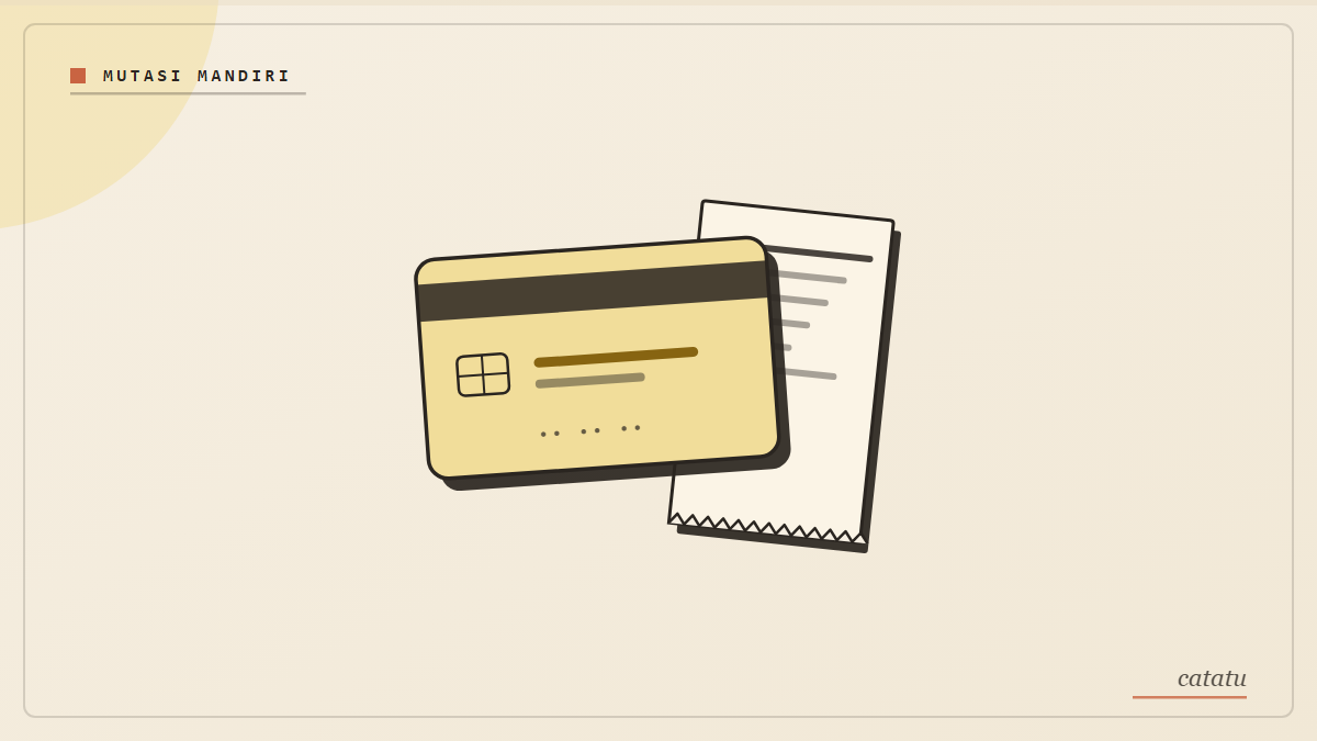 Ilustrasi kartu bank kuning emas dengan resi berperforasi, gaya arsip kertas krem, label mutasi Mandiri.
