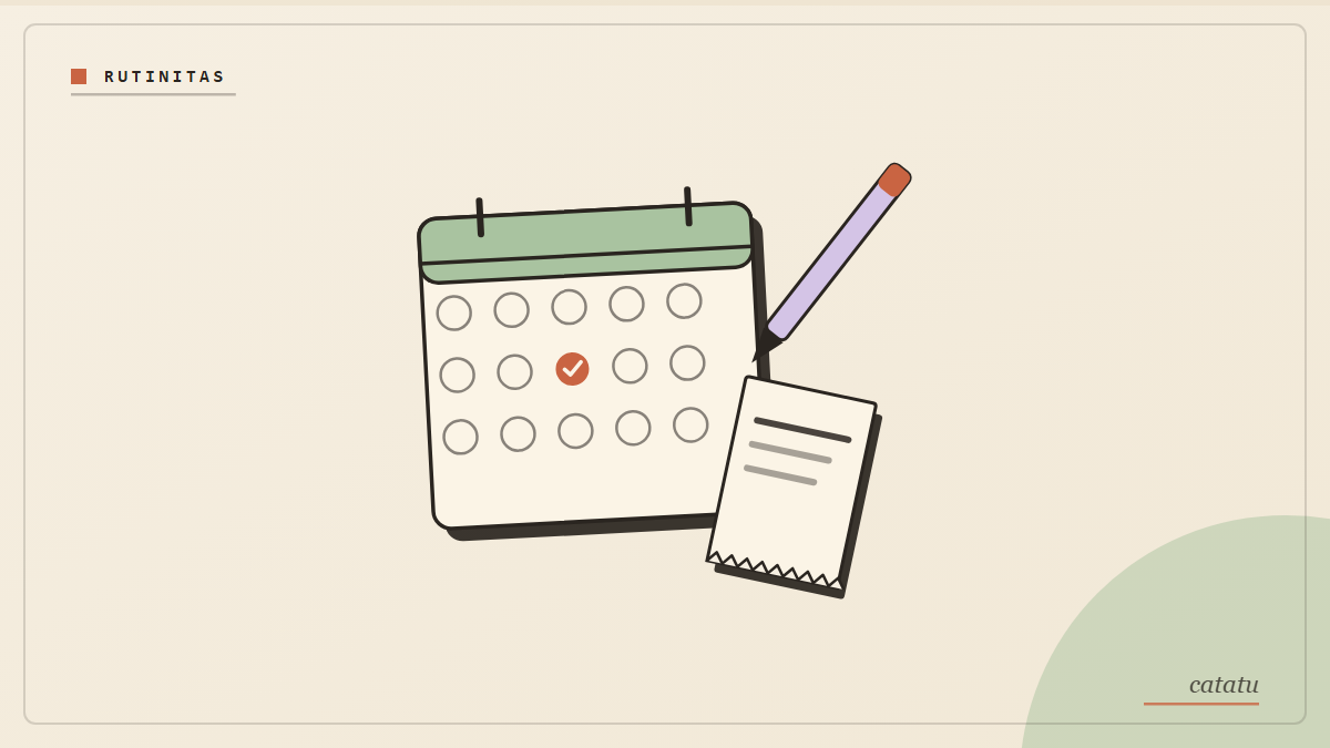 Ilustrasi kalender dengan pulpen dan resi kecil, gaya arsip kertas krem, label rutinitas.
