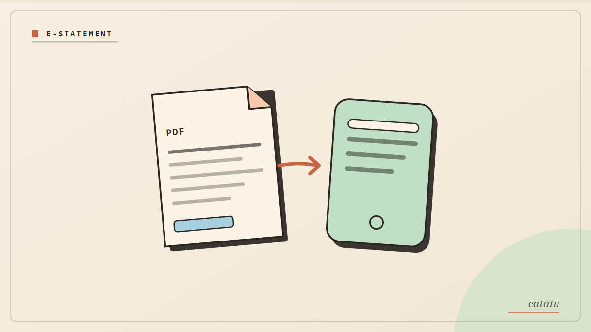 Ilustrasi dokumen PDF mutasi masuk ke ponsel lewat panah, gaya arsip kertas krem, label e-statement.