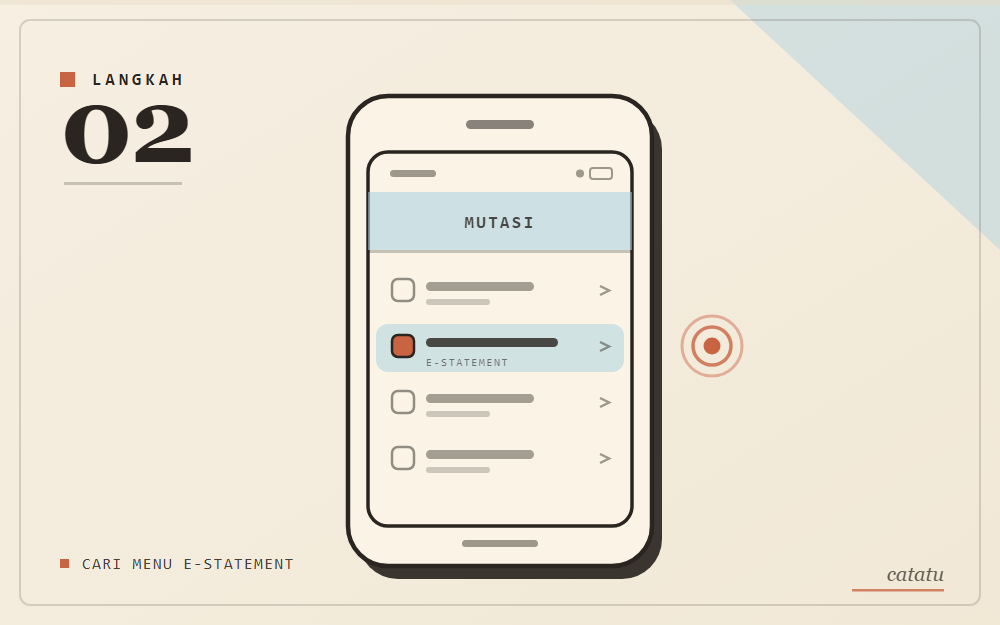 Ilustrasi skematis: layar daftar menu dengan baris e-statement disorot dan ketukan jari, gaya arsip kertas krem aksen biru langit.