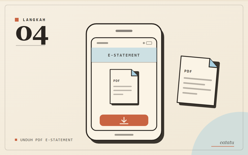 Ilustrasi skematis: layar e-statement dengan kartu PDF dan tombol unduh, gaya arsip kertas krem aksen biru langit.