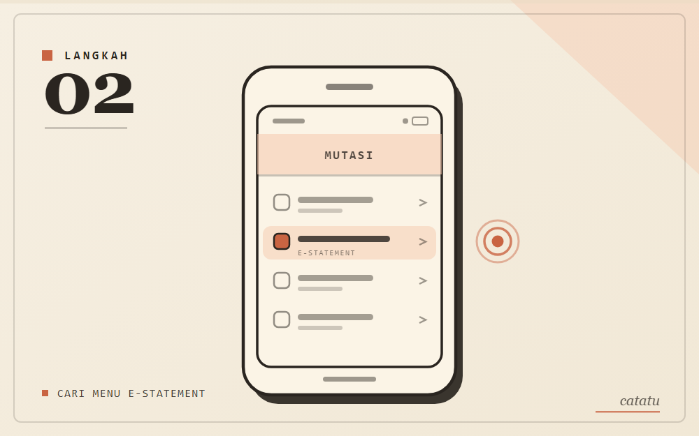 Ilustrasi skematis: layar daftar menu dengan baris e-statement disorot dan ketukan jari, gaya arsip kertas krem aksen oranye peach.