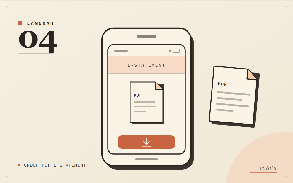 Ilustrasi skematis: layar e-statement dengan kartu PDF dan tombol unduh, gaya arsip kertas krem aksen oranye peach.