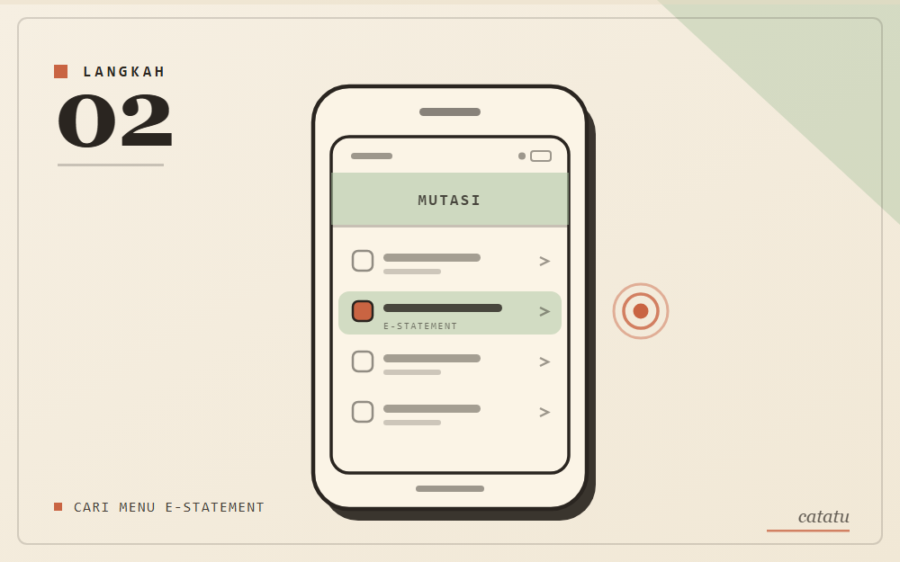 Ilustrasi skematis: layar daftar menu dengan baris e-statement disorot dan ketukan jari, gaya arsip kertas krem aksen hijau sage.