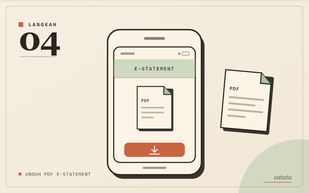 Ilustrasi skematis: layar e-statement dengan kartu PDF dan tombol unduh, gaya arsip kertas krem aksen hijau sage.