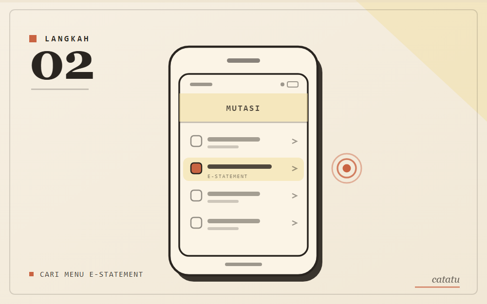 Ilustrasi skematis: layar daftar menu dengan baris e-statement disorot dan ketukan jari, gaya arsip kertas krem aksen kuning emas.