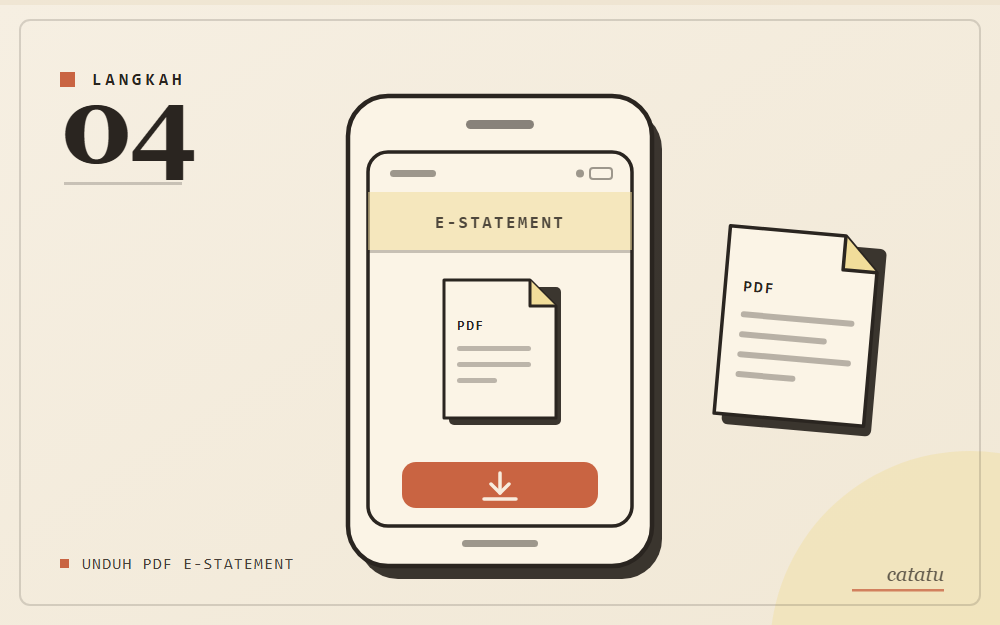 Ilustrasi skematis: layar e-statement dengan kartu PDF dan tombol unduh, gaya arsip kertas krem aksen kuning emas.