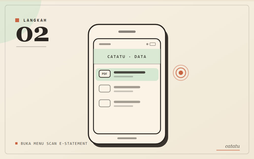 Ilustrasi skematis: layar menu Catatu bagian Data dengan baris Scan E-Statement disorot, gaya arsip kertas krem aksen mint.
